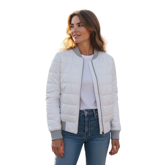 Athleta Jackets & Blazers - Athleta Down Bomber Jacket Small White Gray Trim Puffer Goose Down Zip
